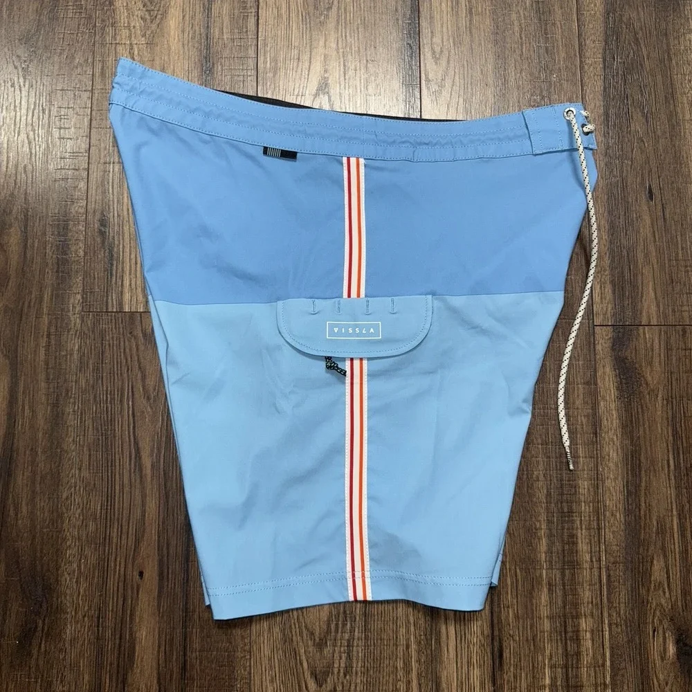 Vissla Mens 34 The Trip Heritage Boardshorts Blue Pocket Swim Trunks Surf Shorts